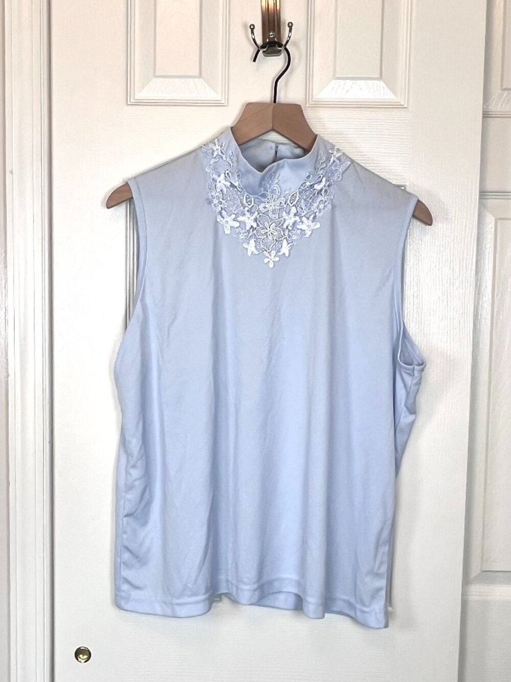 Vintage 90's Semi-Sheer Lace Powder Blue Detail Sleeveless Blouse Size XL